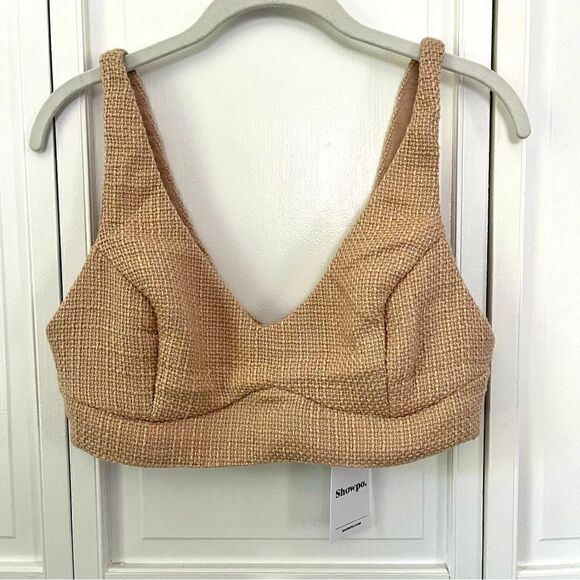 NEW Showpo. Melbourne Twill Tailored V Neckline Crop Top Bra in Stone Size US 8 - Picture 1 of 10